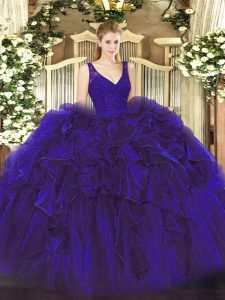 Dazzling Organza V-neck Sleeveless Zipper Beading and Ruffles 15 Quinceanera Dress in Purple