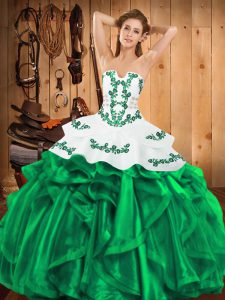 Modern Green Sweet 16 Dress Military Ball and Sweet 16 and Quinceanera with Embroidery and Ruffles Strapless Sleeveless Lace Up