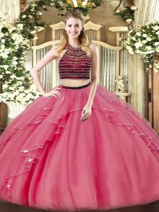  Coral Red Ball Gowns Halter Top Sleeveless Organza Floor Length Zipper Beading and Ruffles Vestidos de Quinceanera