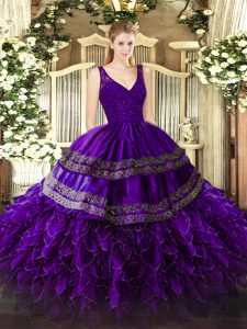 Dynamic Purple Quinceanera Dress Sweet 16 and Quinceanera with Beading and Ruffles V-neck Sleeveless Zipper