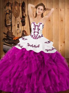  Fuchsia Vestidos de Quinceanera Military Ball and Sweet 16 and Quinceanera with Embroidery and Ruffles Strapless Sleeveless Lace Up