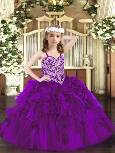 Modern Straps Sleeveless Lace Up Little Girls Pageant Gowns Purple Organza