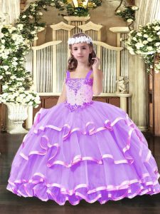 Graceful Lilac Organza Lace Up Little Girls Pageant Gowns Sleeveless Floor Length Beading and Ruffled Layers