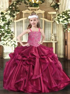  Ball Gowns Little Girls Pageant Gowns Fuchsia Straps Organza Sleeveless Floor Length Lace Up