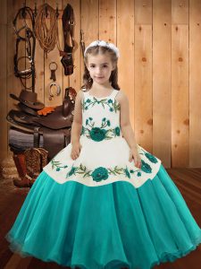Lovely Aqua Blue Ball Gowns Embroidery Pageant Gowns For Girls Lace Up Organza Sleeveless Floor Length