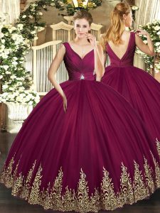  Burgundy Backless Sweet 16 Quinceanera Dress Beading and Appliques and Ruching Sleeveless Floor Length
