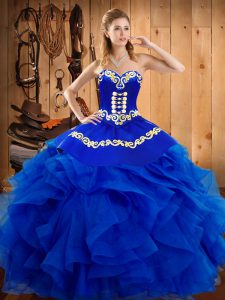  Floor Length Royal Blue Ball Gown Prom Dress Satin and Organza Sleeveless Embroidery and Ruffles
