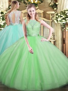 Ideal Apple Green Backless Scoop Lace 15th Birthday Dress Tulle Sleeveless