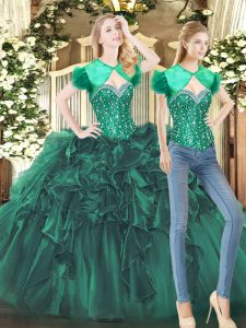 Custom Designed Dark Green Lace Up Quince Ball Gowns Beading and Ruffles Sleeveless Floor Length