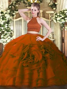  Rust Red Two Pieces Beading and Ruffles Sweet 16 Dresses Backless Tulle Sleeveless Floor Length