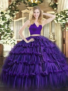 Attractive Purple Two Pieces Halter Top Sleeveless Organza Floor Length Zipper Ruffled Layers Quinceanera Gown