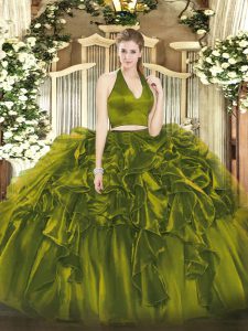 Stunning Halter Top Sleeveless Quinceanera Dress Floor Length Ruffles Olive Green Organza