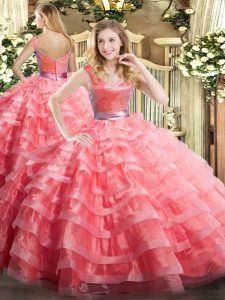 New Style Watermelon Red Sleeveless Floor Length Ruffled Layers Zipper Quinceanera Gowns