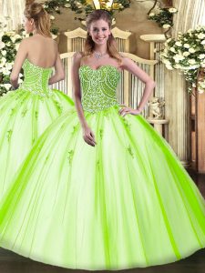  Sleeveless Tulle Floor Length Lace Up 15 Quinceanera Dress in Yellow Green with Beading