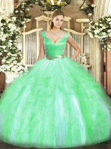  V-neck Sleeveless Sweet 16 Dress Floor Length Beading and Ruffles Apple Green Tulle