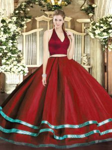 Graceful Wine Red Halter Top Zipper Ruffled Layers Quince Ball Gowns Sleeveless