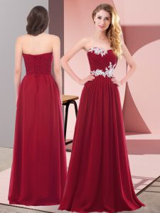 Best Selling Wine Red Lace Up Evening Dress Appliques Sleeveless Floor Length