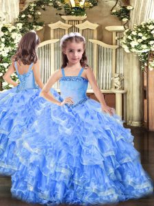  Baby Blue Organza Lace Up Straps Sleeveless Floor Length Girls Pageant Dresses Appliques and Ruffled Layers