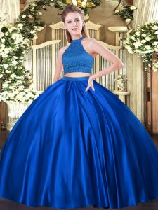  Royal Blue Halter Top Backless Beading Vestidos de Quinceanera Sleeveless