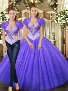  Purple Straps Neckline Beading Sweet 16 Quinceanera Dress Sleeveless Lace Up