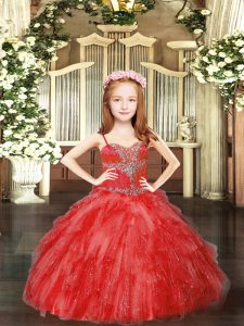  Tulle Spaghetti Straps Sleeveless Lace Up Beading and Ruffles Child Pageant Dress in Red