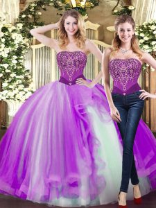  Ball Gowns Sweet 16 Quinceanera Dress Eggplant Purple Strapless Tulle Sleeveless Floor Length Lace Up