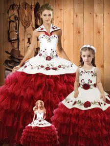  Wine Red Lace Up Halter Top Embroidery and Ruffles Quinceanera Gowns Tulle Sleeveless
