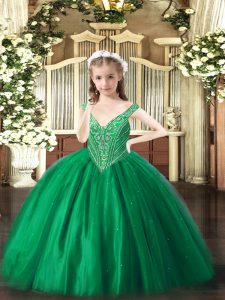 Discount Sleeveless Floor Length Beading Lace Up Child Pageant Dress with Green