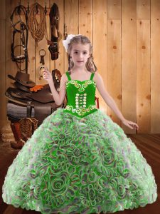  Multi-color Ball Gowns Embroidery and Ruffles Child Pageant Dress Lace Up Fabric With Rolling Flowers Sleeveless Floor Length