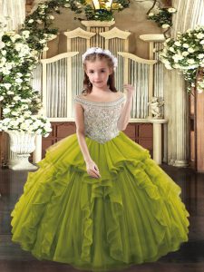  Olive Green Off The Shoulder Neckline Beading and Ruffles Little Girls Pageant Dress Sleeveless Lace Up