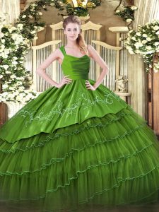  Olive Green Quinceanera Gown Military Ball and Sweet 16 and Quinceanera with Embroidery and Ruffled Layers Straps Sleeveless Zipper