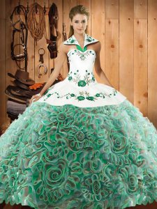 Adorable Multi-color Quinceanera Gown Halter Top Sleeveless Sweep Train Lace Up