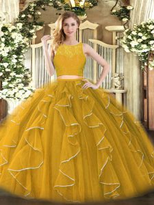  Scoop Sleeveless Zipper Ball Gown Prom Dress Gold Organza