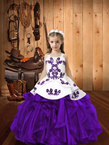 Most Popular Eggplant Purple Organza Lace Up Straps Sleeveless Floor Length Child Pageant Dress Embroidery and Ruffles