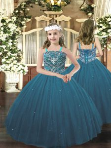 Trendy Teal Ball Gowns Tulle Straps Sleeveless Beading Floor Length Lace Up Little Girls Pageant Dress Wholesale