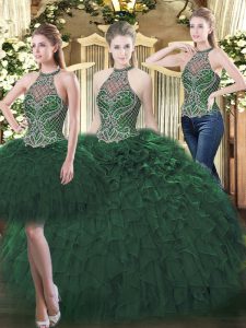 Sexy Organza High-neck Sleeveless Lace Up Beading and Ruffles Sweet 16 Quinceanera Dress in Dark Green