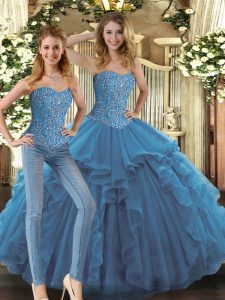 Fancy Teal Tulle Lace Up Quinceanera Gown Sleeveless Floor Length Beading and Ruffles