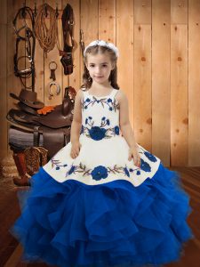 Customized Blue Tulle Lace Up Kids Pageant Dress Sleeveless Floor Length Embroidery and Ruffles