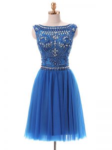 High Class Blue Bateau Neckline Beading Prom Dress Sleeveless Zipper