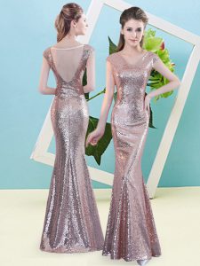 Exquisite Gold Zipper Prom Dress Sequins Cap Sleeves Floor Length