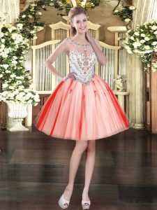  Coral Red Ball Gowns Scoop Sleeveless Tulle Mini Length Zipper Beading and Appliques Prom Party Dress