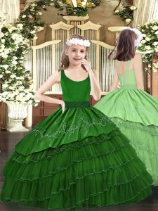 Graceful Scoop Sleeveless Little Girls Pageant Dress Wholesale Floor Length Beading and Embroidery and Ruffled Layers Dark Green Organza