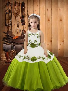  Olive Green Straps Lace Up Embroidery Kids Formal Wear Sleeveless