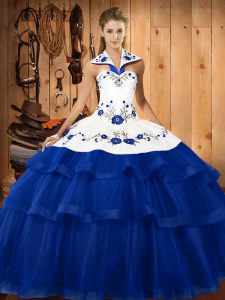 Decent Sleeveless Embroidery and Ruffled Layers Lace Up Quinceanera Dresses with Blue Sweep Train