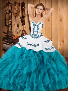  Strapless Sleeveless Satin and Organza Quinceanera Dresses Embroidery and Ruffles Lace Up