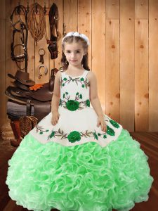  Green Ball Gowns Fabric With Rolling Flowers Straps Sleeveless Embroidery and Ruffles Floor Length Lace Up Pageant Gowns For Girls