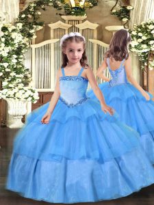 Fantastic Baby Blue Sleeveless Organza Lace Up Little Girls Pageant Dress Wholesale for Party and Quinceanera