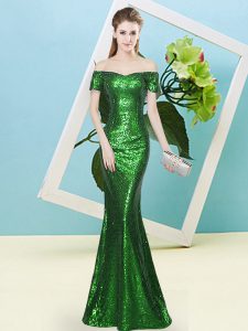 New Arrival Green Zipper Off The Shoulder Sequins Prom Evening Gown Sequined Short Sleeves