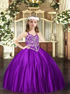 Exquisite Straps Sleeveless Lace Up Girls Pageant Dresses Purple Satin