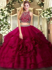  Floor Length Zipper Quinceanera Dresses Fuchsia for Military Ball and Sweet 16 and Quinceanera with Beading and Ruffled Layers